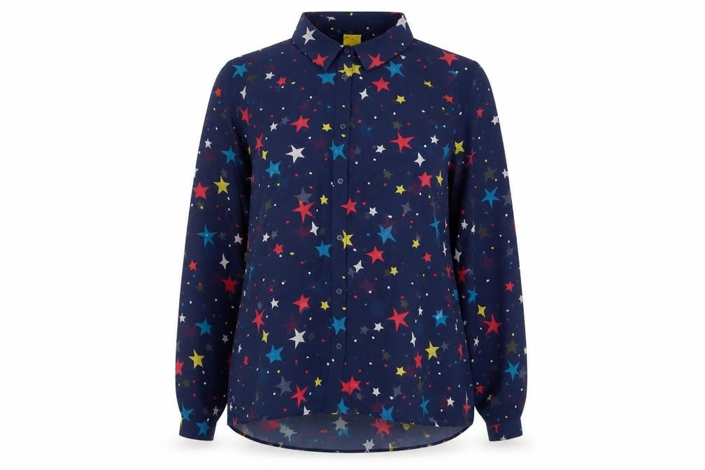 Frugi Womens Blue Geometric Polyester Basic Button-Up Size 12 Collared - Star Pattern