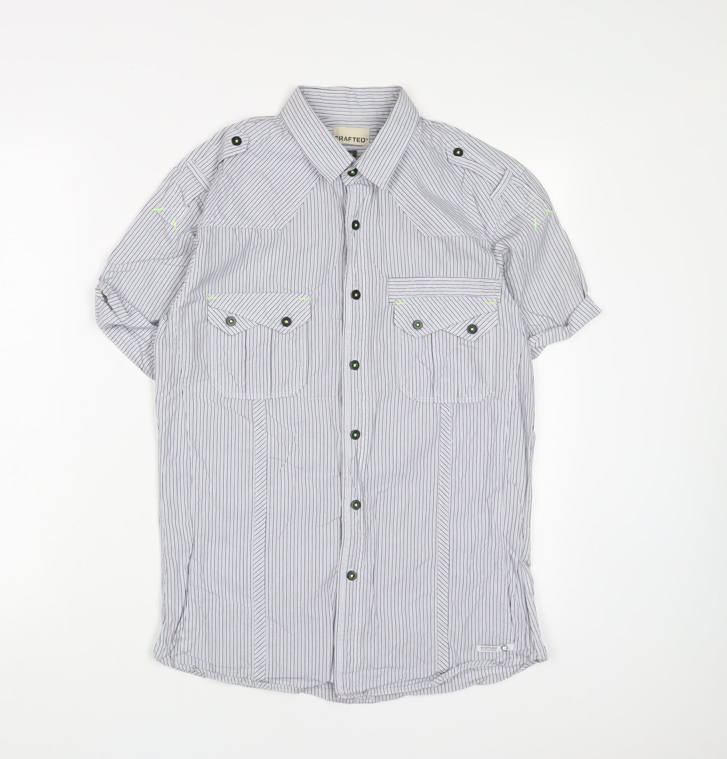 Crafted Mens Blue Striped Cotton Button-Up Size S Collared Button - Pockets
