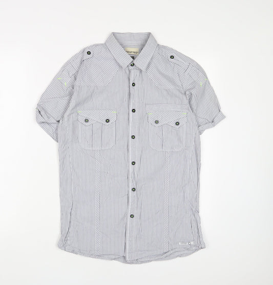 Crafted Mens Blue Striped Cotton Button-Up Size S Collared Button - Pockets
