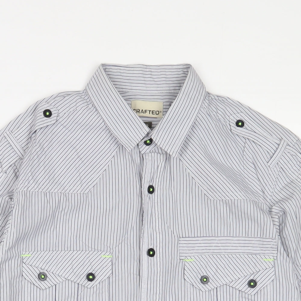 Crafted Mens Blue Striped Cotton Button-Up Size S Collared Button - Pockets