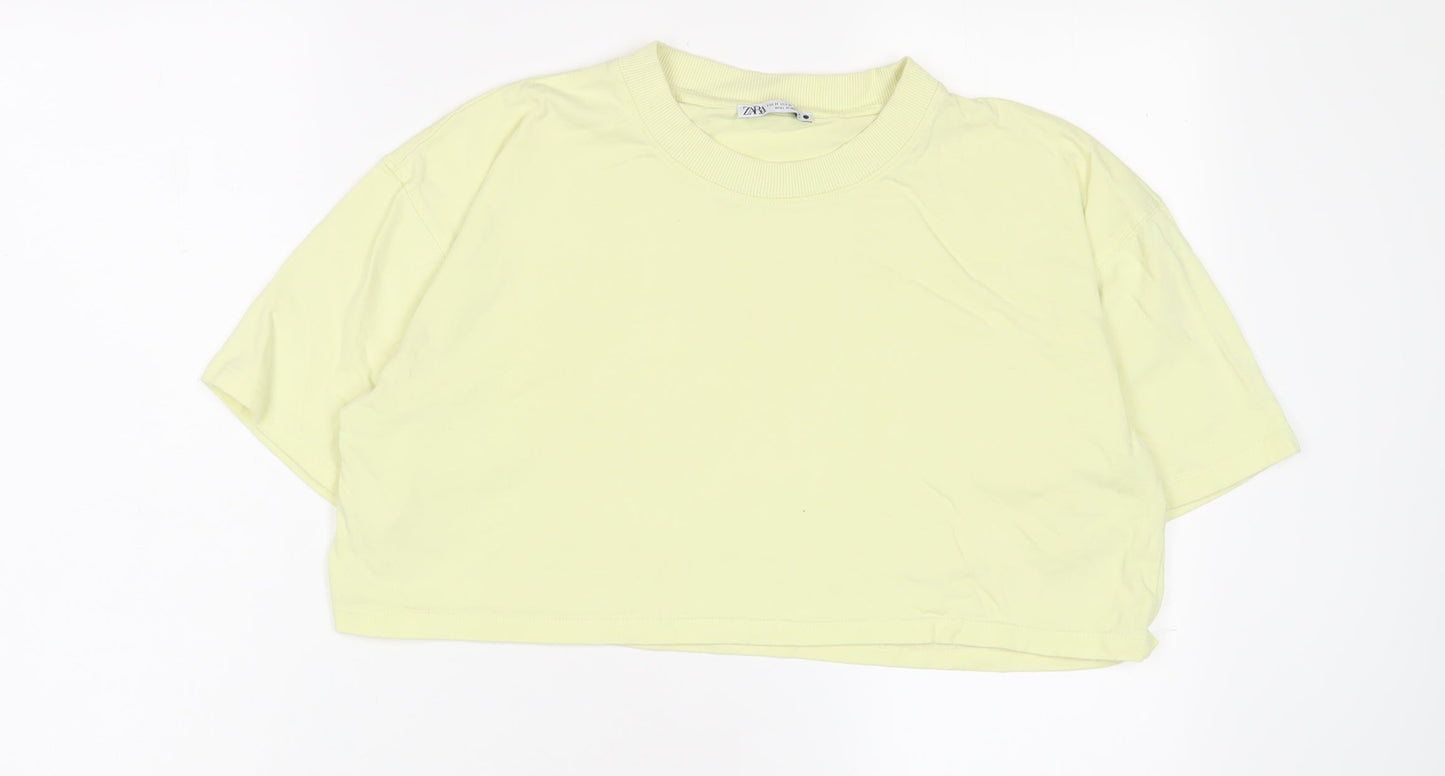 Zara Womens Green Cotton Cropped T-Shirt Size M Crew Neck