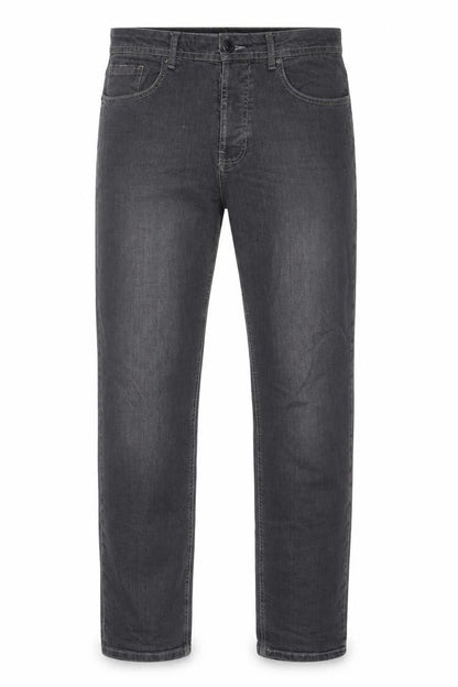 Front view of Denim & Co. men’s grey cotton straight jeans, size 32, in, 32-inch leg regular button