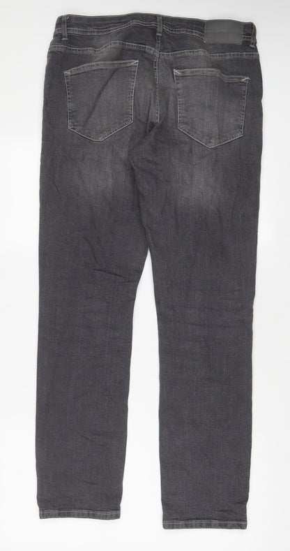 Back view of Denim & Co. men’s grey cotton straight jeans, size 32, in, 32-inch leg regular button