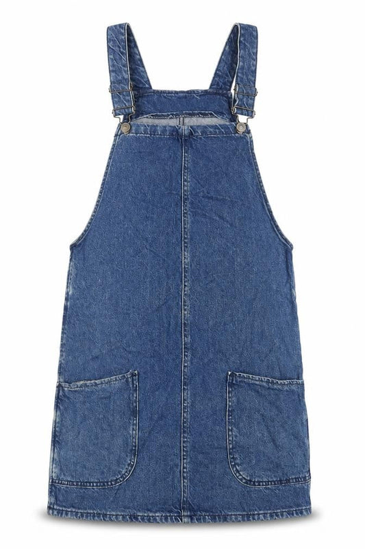 New Look Womens Blue Cotton Pinafore/Dungaree Dress Size 8 Square Neck Button