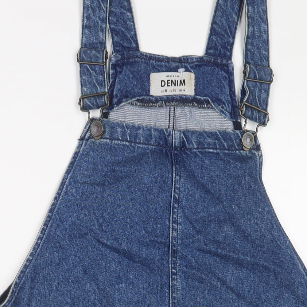 New Look Womens Blue Cotton Pinafore/Dungaree Dress Size 8 Square Neck Button