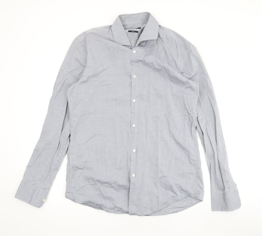 Boss Mens Grey Cotton Button-Up Size 40 Collared Button