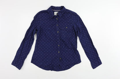 H&M Womens Blue Polka Dot Cotton Basic Button-Up Size 10 Collared