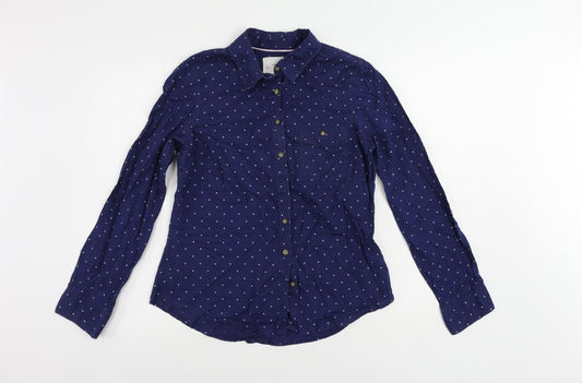 H&M Womens Blue Polka Dot Cotton Basic Button-Up Size 10 Collared