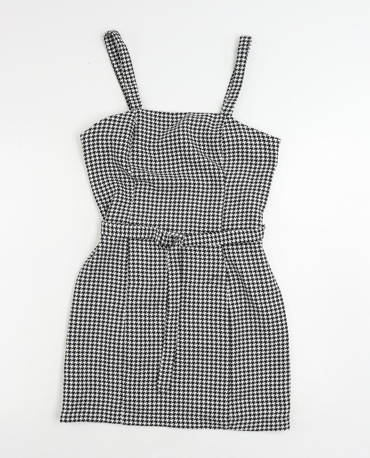 New Look Womens Black Geometric Polyester Mini Size 8 Square Neck Zip - Belted