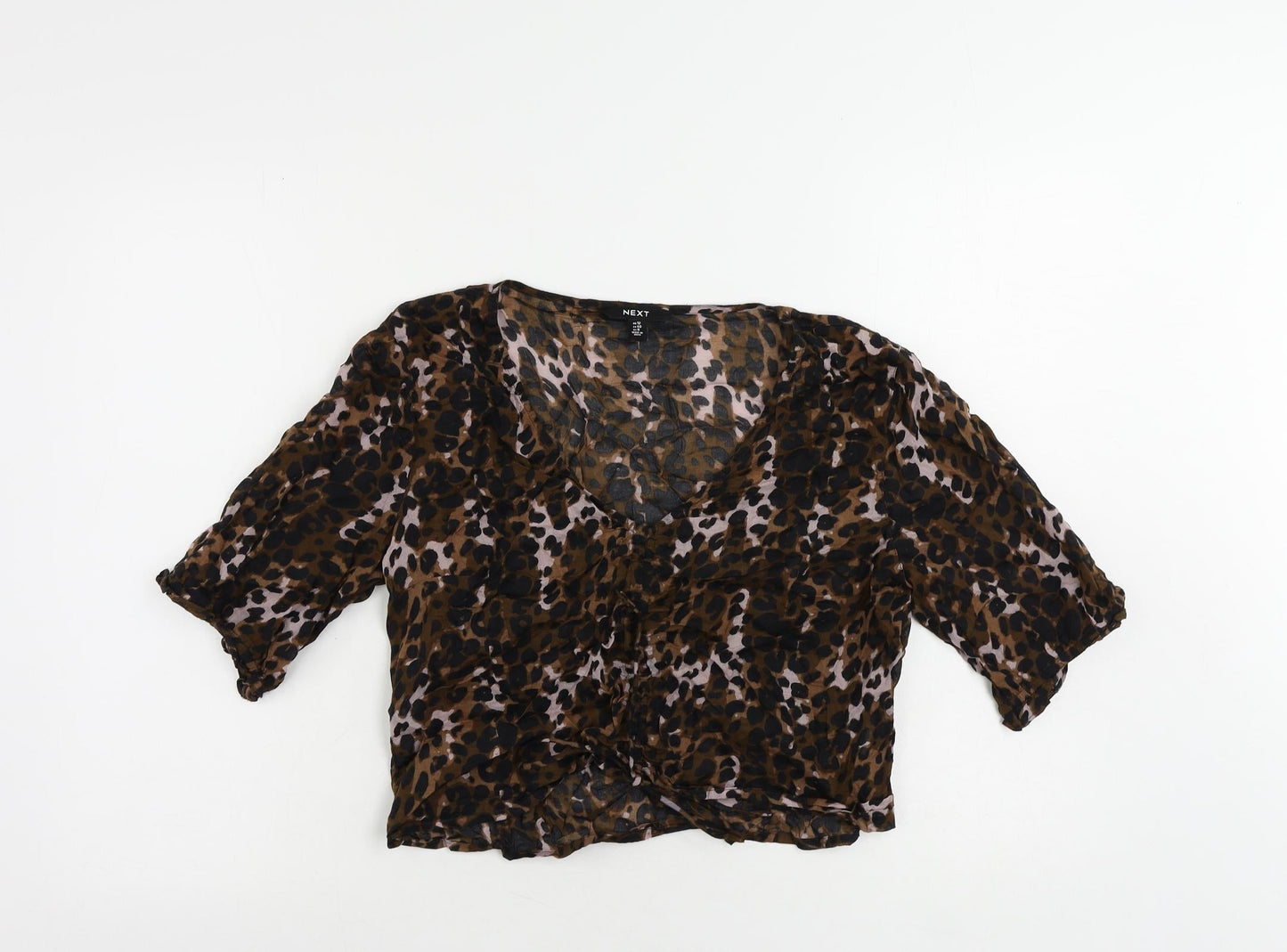 NEXT Womens Brown Animal Print Cotton Cropped Blouse Size 12 V-Neck - Ruched Detail