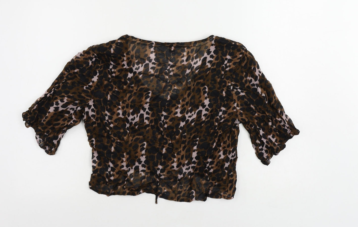 NEXT Womens Brown Animal Print Cotton Cropped Blouse Size 12 V-Neck - Ruched Detail