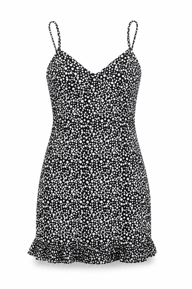 PRETTYLITTLETHING Womens Black Polka Dot Polyester Mini Size 4 V-Neck Pullover - Ruffle