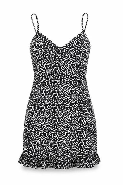 PRETTYLITTLETHING Womens Black Polka Dot Polyester Mini Size 4 V-Neck Pullover - Ruffle