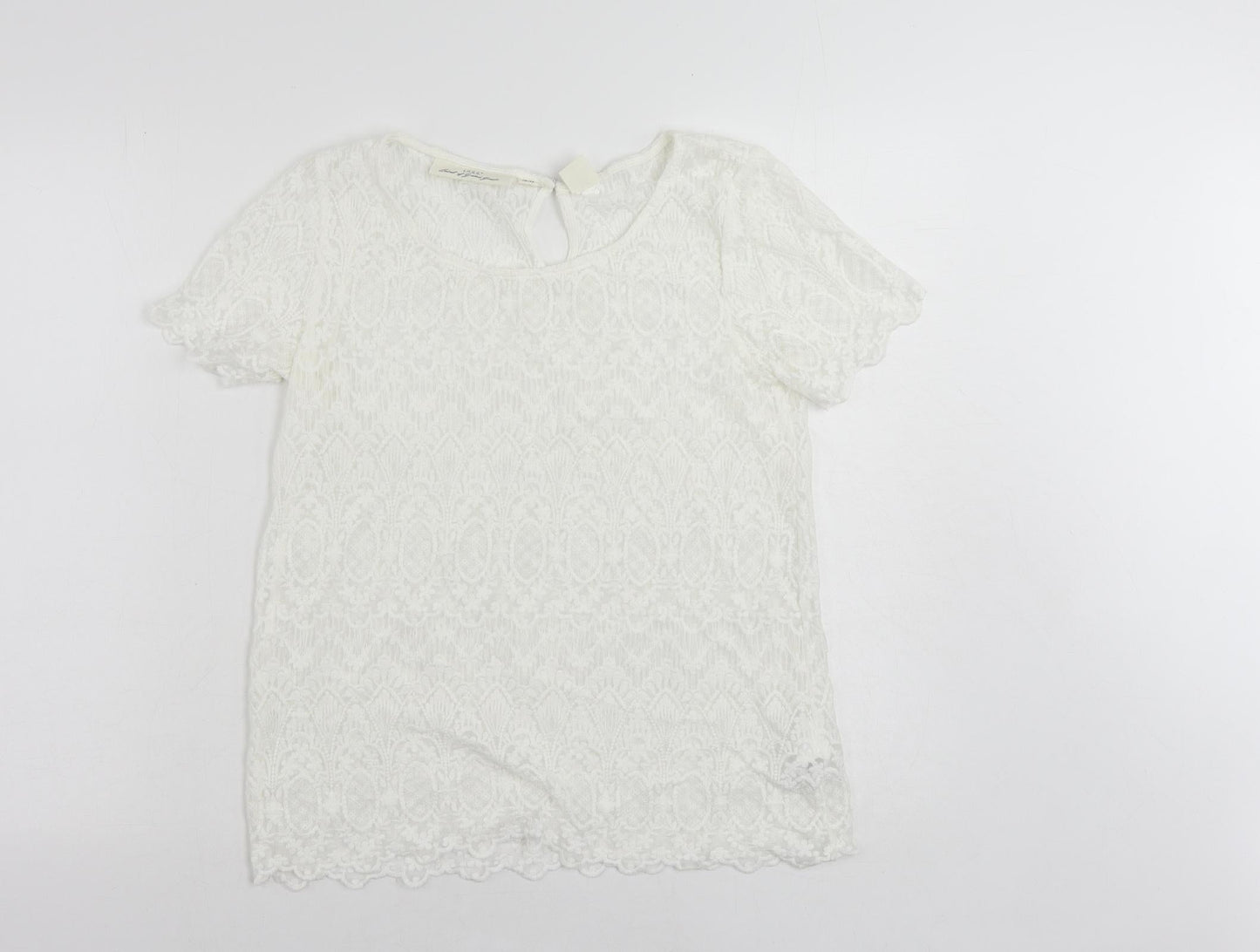 H&M Womens White Cotton Basic Blouse Size 10 Round Neck