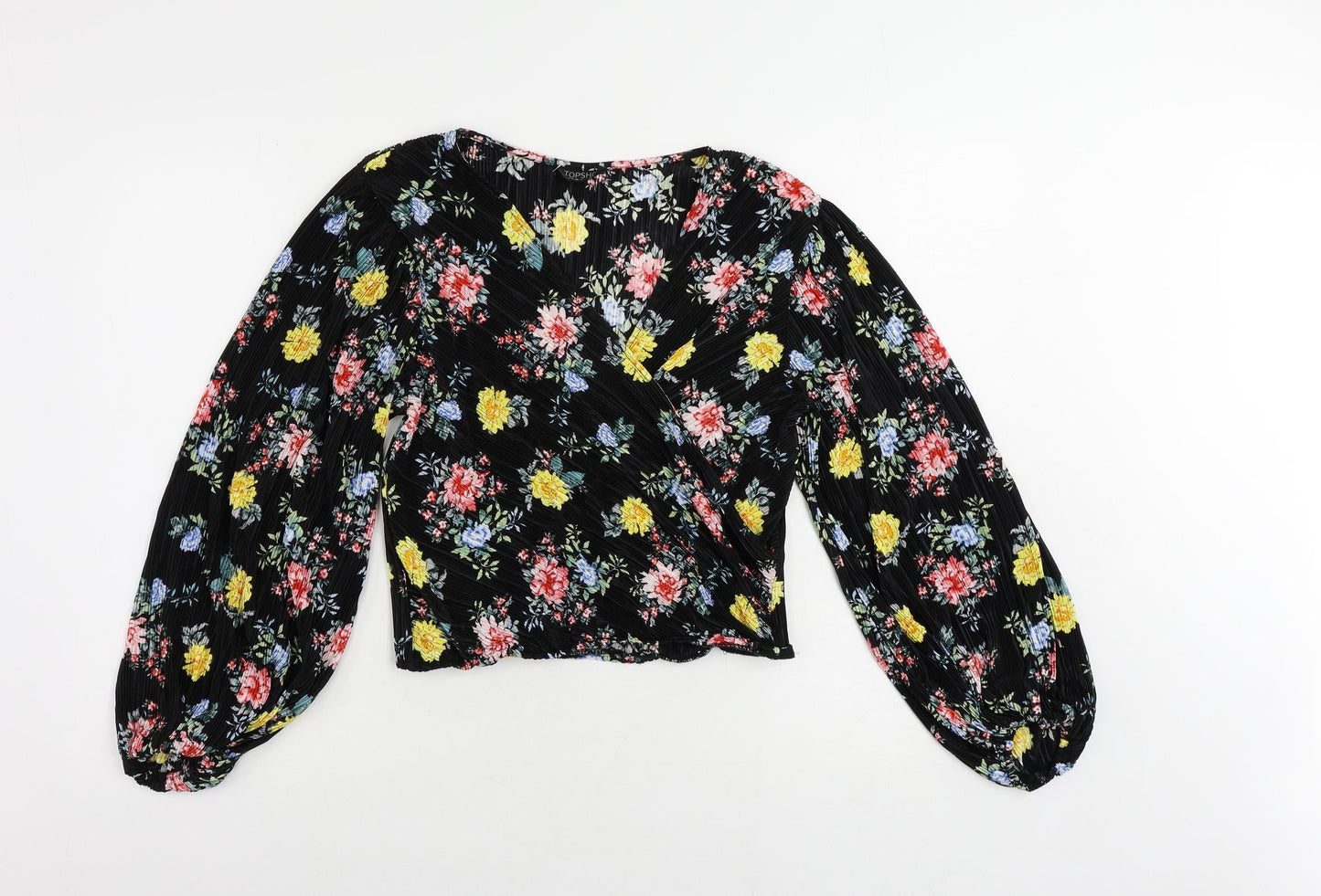 Topshop Womens Black Floral Polyester Cropped Blouse Size 10 V-Neck - Plisse