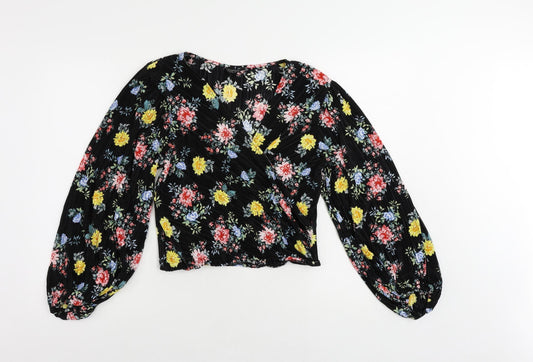 Topshop Womens Black Floral Polyester Cropped Blouse Size 10 V-Neck - Plisse