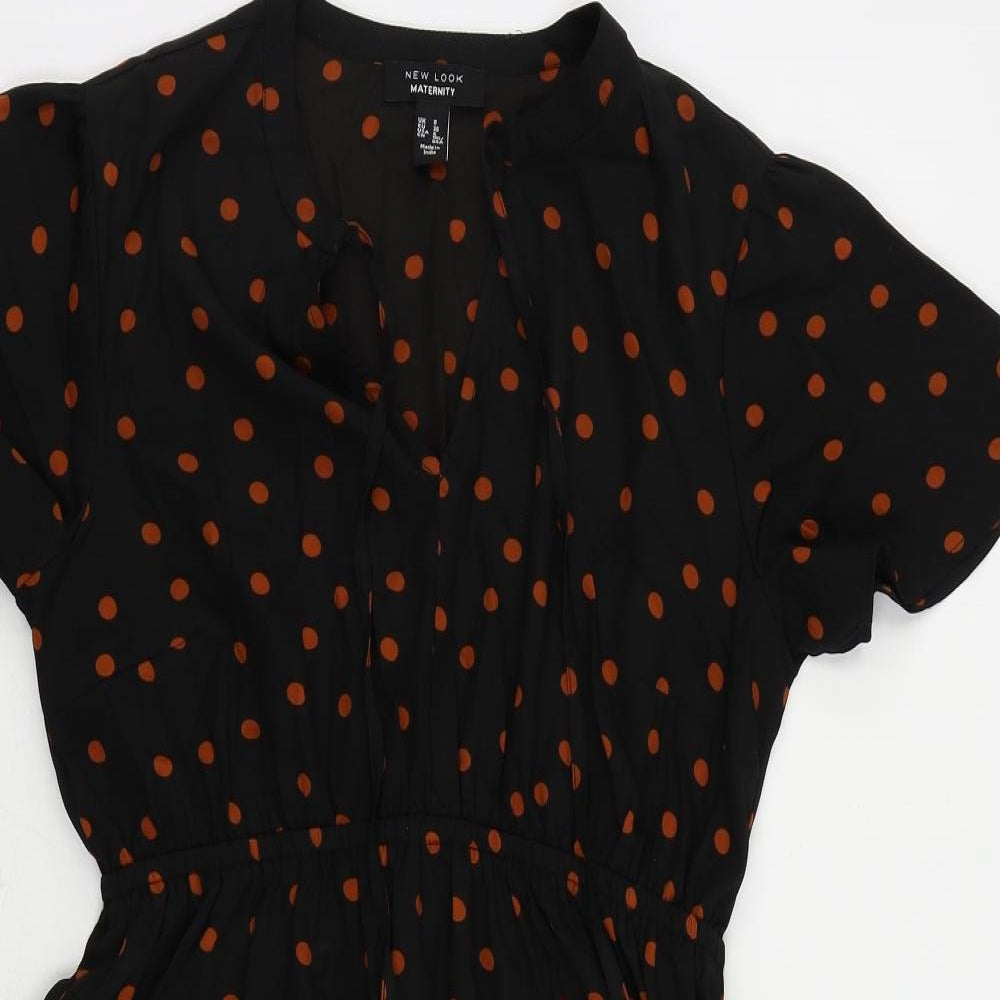 New Look Womens Black Polka Dot Polyester A-Line Size 8 V-Neck