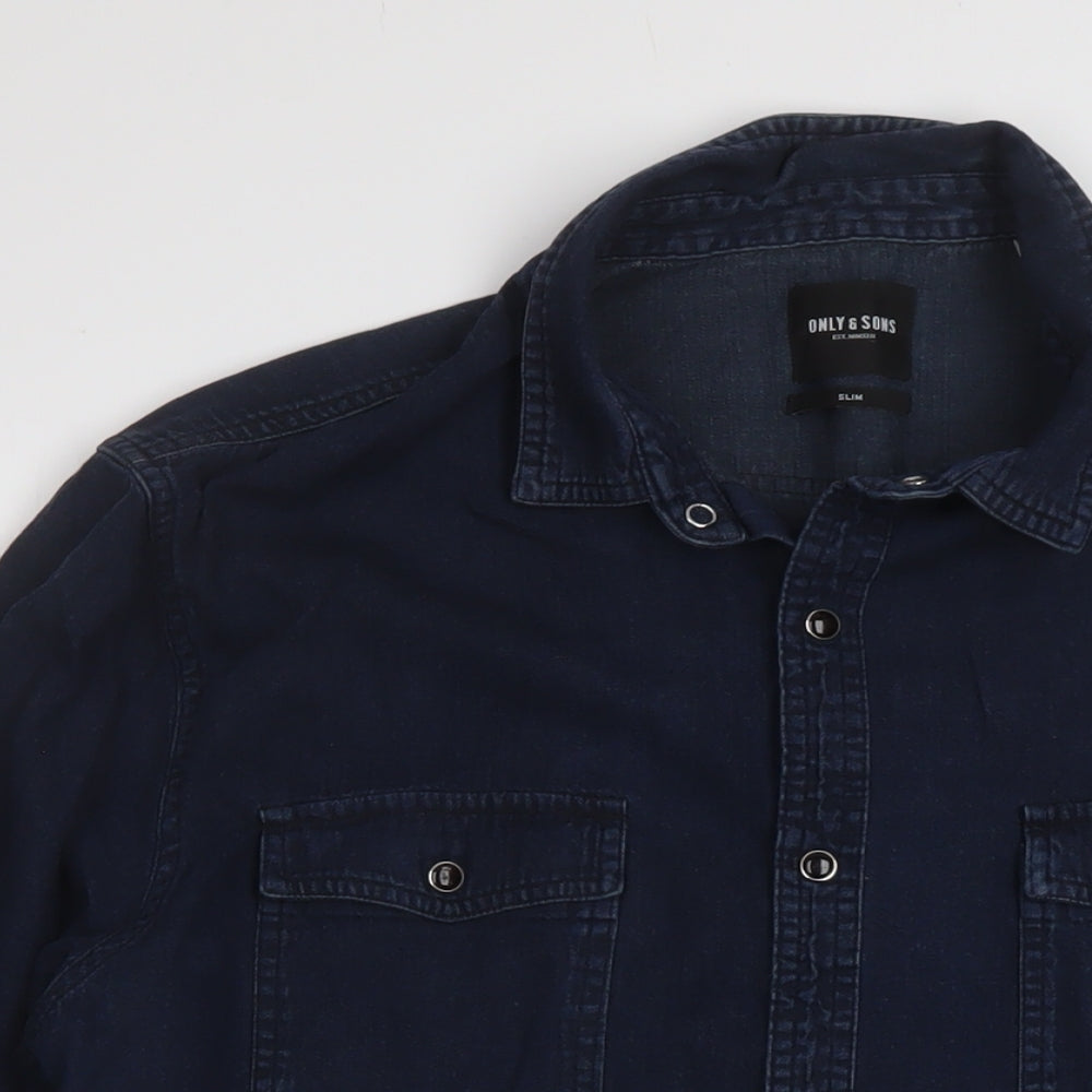 ONLY & SONS Mens Blue Cotton Button-Up Size XL Collared Snap