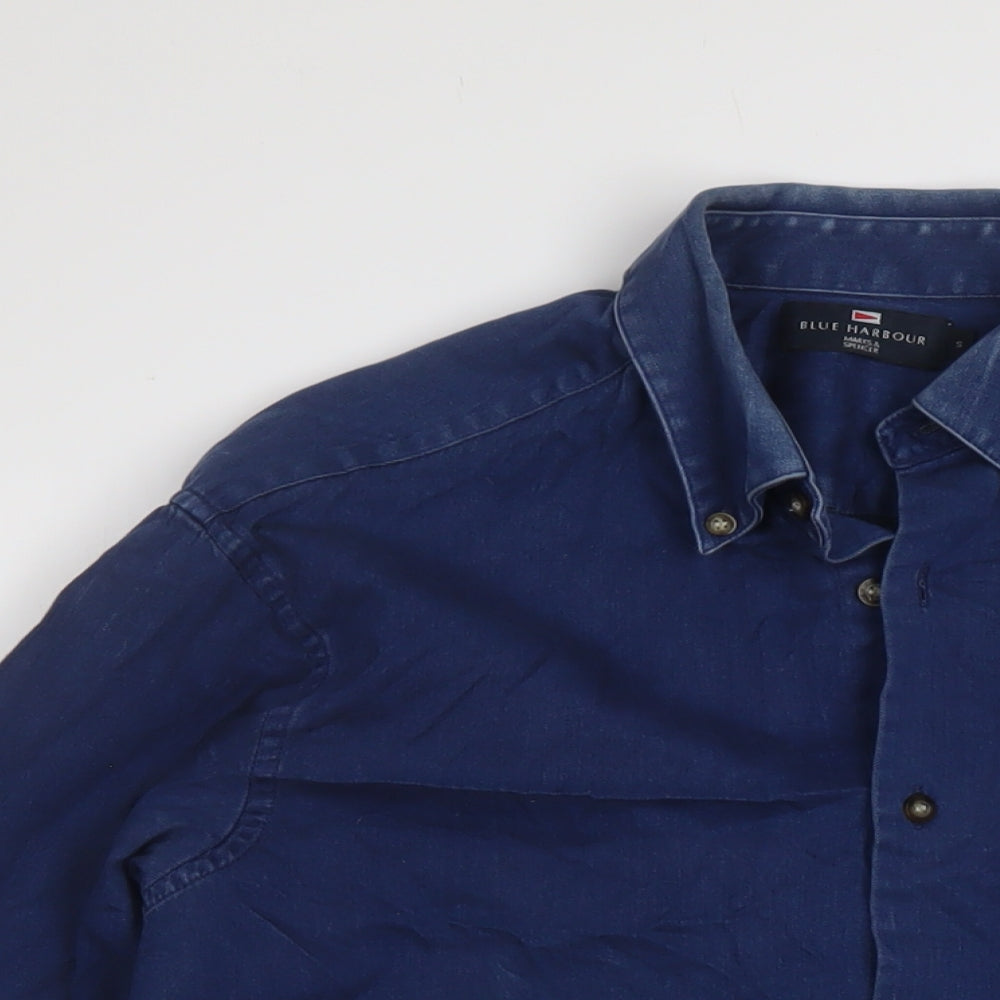 Blue Harbour Mens Blue Cotton Button-Up Size S Collared Button
