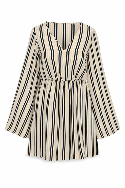 Front view of Missguided women’s beige striped polyester mini, size UK 6, v-neck pullover