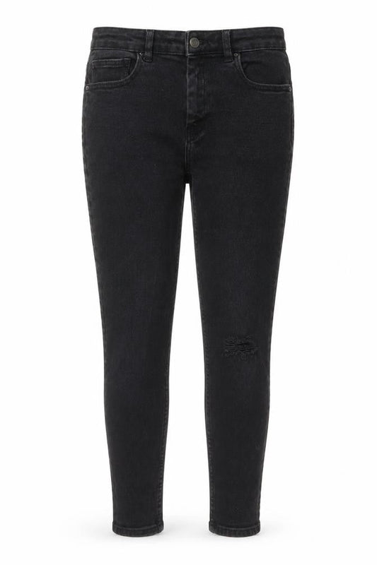Front view of Denim & Co. women’s black cotton skinny jeans, size UK 12, 26-inch leg regular button