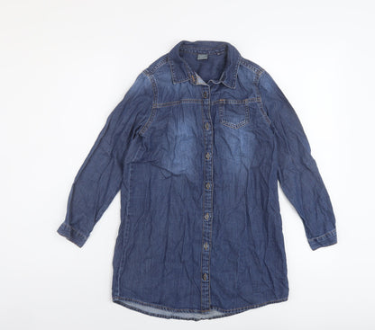 Additional front view of Next girls’ blue cotton basic button-up, size 10, years collared button