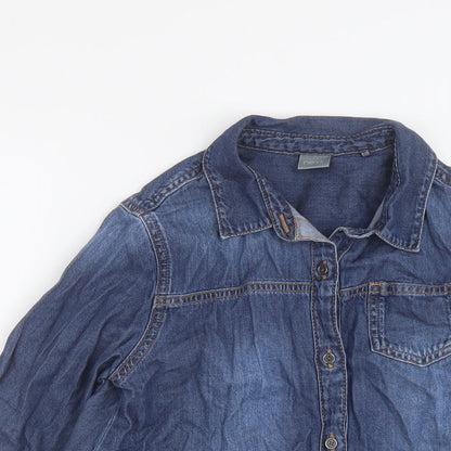 Close-up detail of Next girls’ blue cotton basic button-up, size 10, years collared button