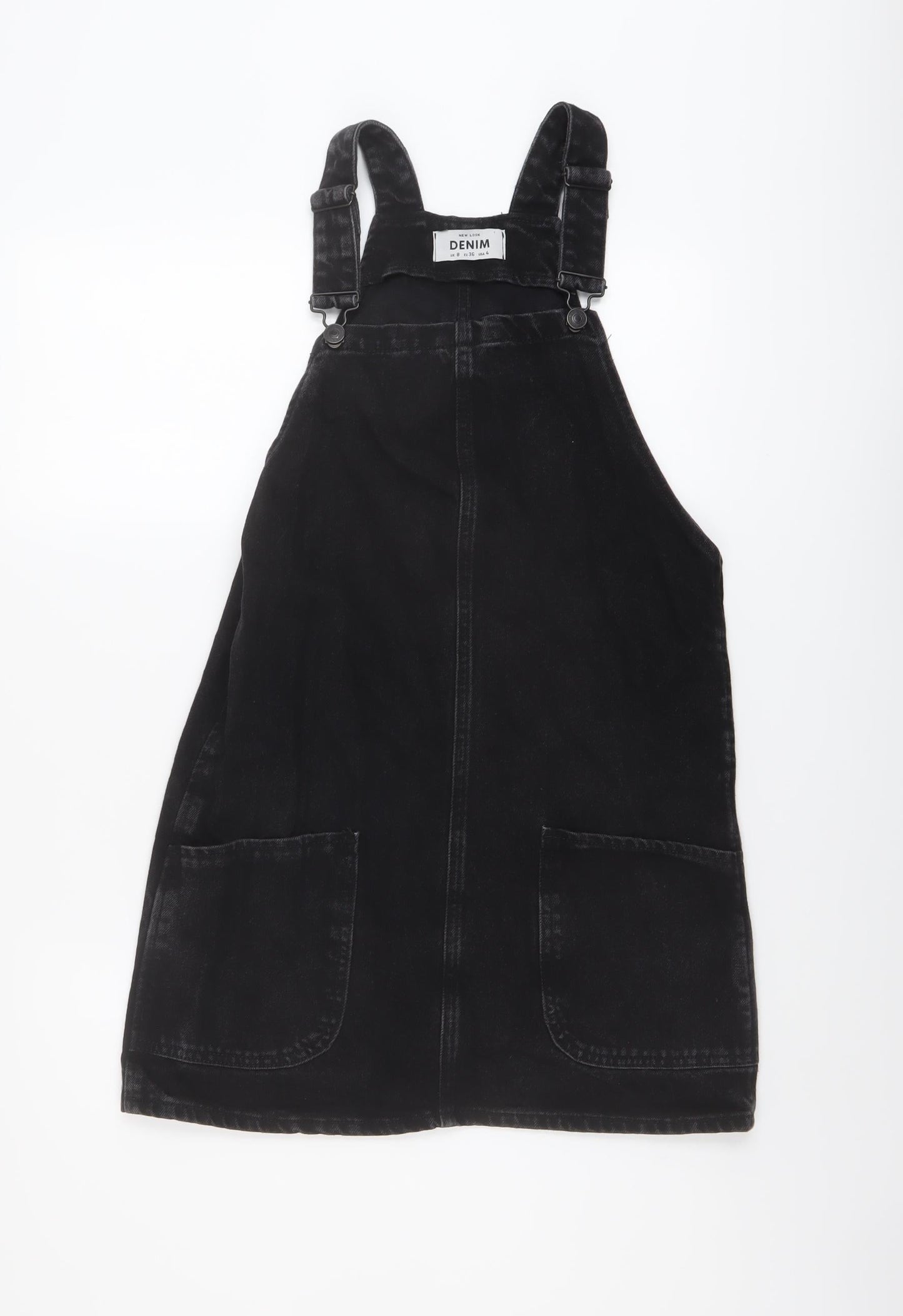 New Look Womens Black Cotton Pinafore/Dungaree Dress Size 8 Square Neck Button