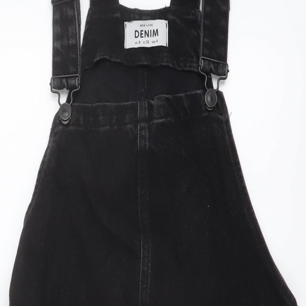 New Look Womens Black Cotton Pinafore/Dungaree Dress Size 8 Square Neck Button