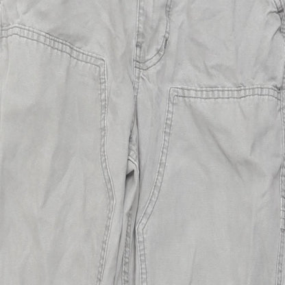 Close-up detail of BDG women’s grey cotton cargo trousers, size UK 28, in, 25-inch leg regular button