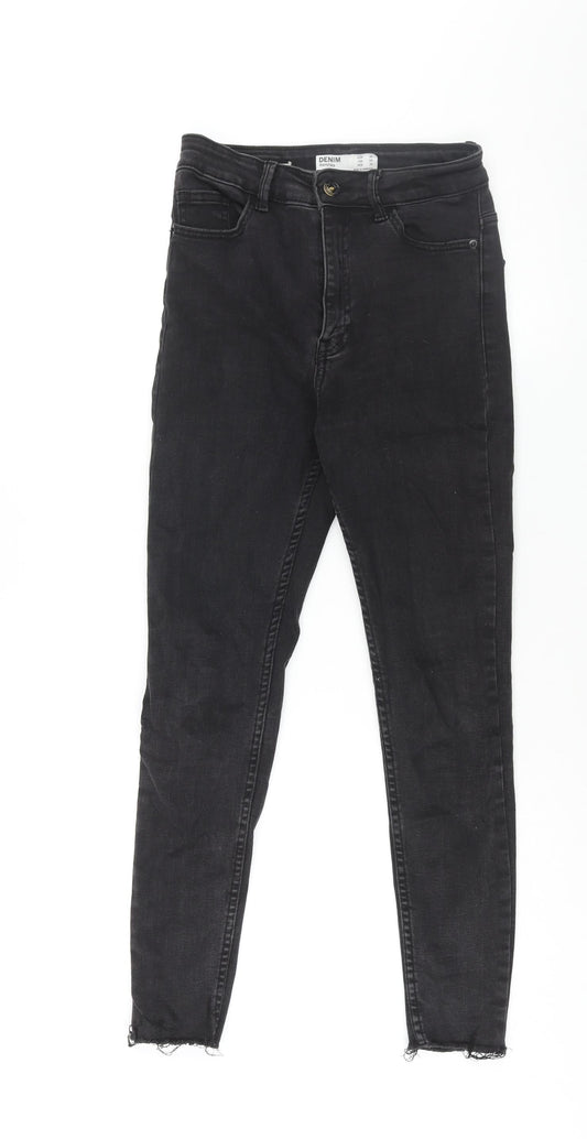 Bershka Womens Black Cotton Skinny Jeans Size 8 L26 in Regular Zip - Raw Hem