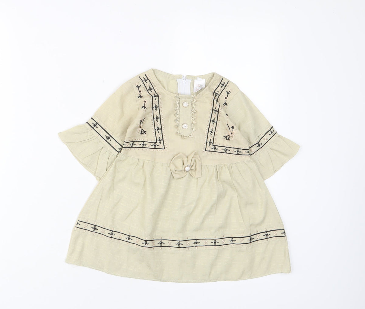 Additional front view of Attitude girls’ beige fair isle cotton a-line, size 18, months crew neck zip - embroidered