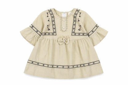 Front view of Attitude girls’ beige fair isle cotton a-line, size 18, months crew neck zip - embroidered