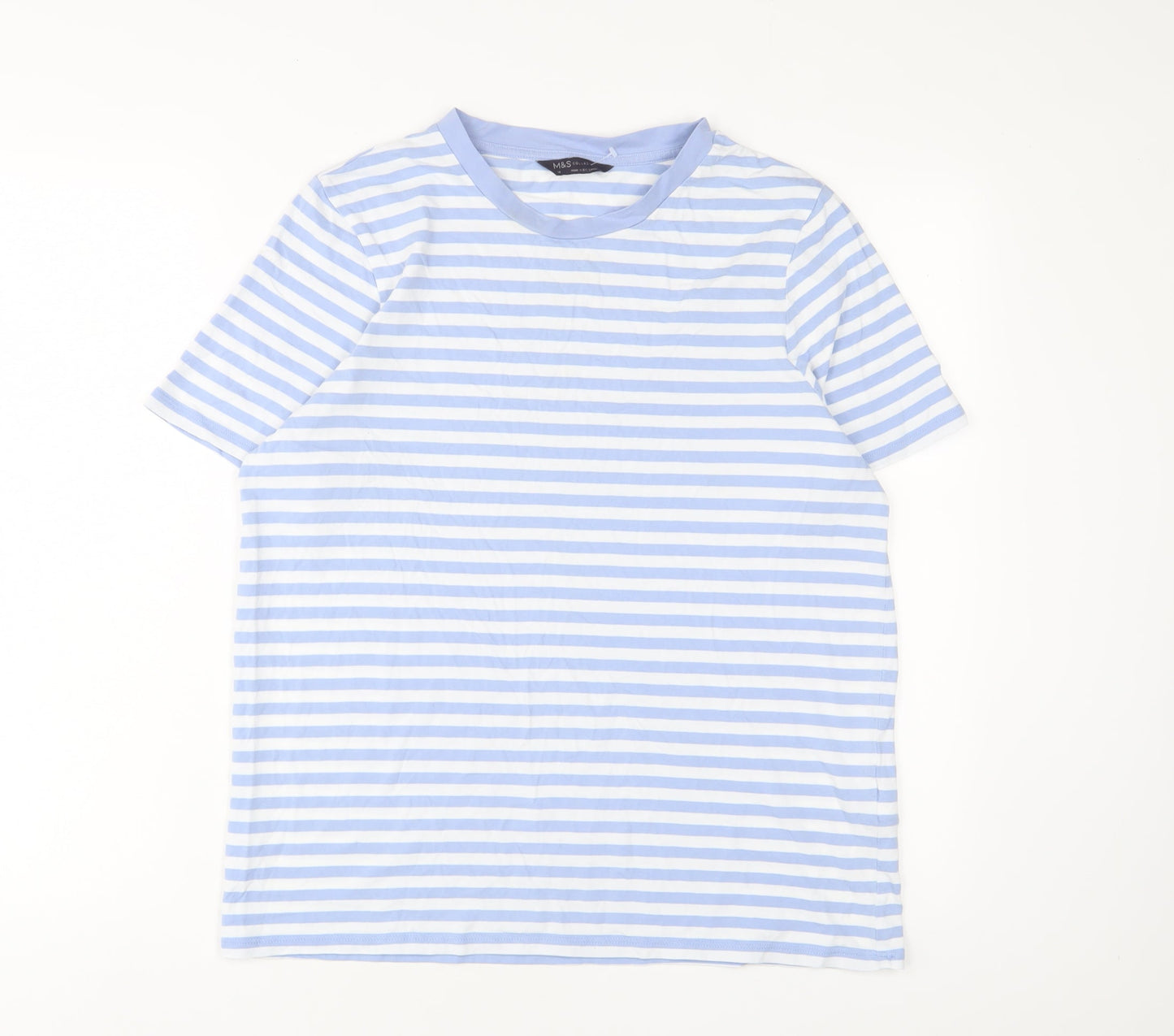 Marks and Spencer Womens Blue Striped Cotton Basic T-Shirt Size 14 Crew Neck