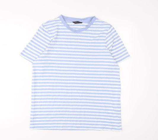 Marks and Spencer Womens Blue Striped Cotton Basic T-Shirt Size 14 Crew Neck
