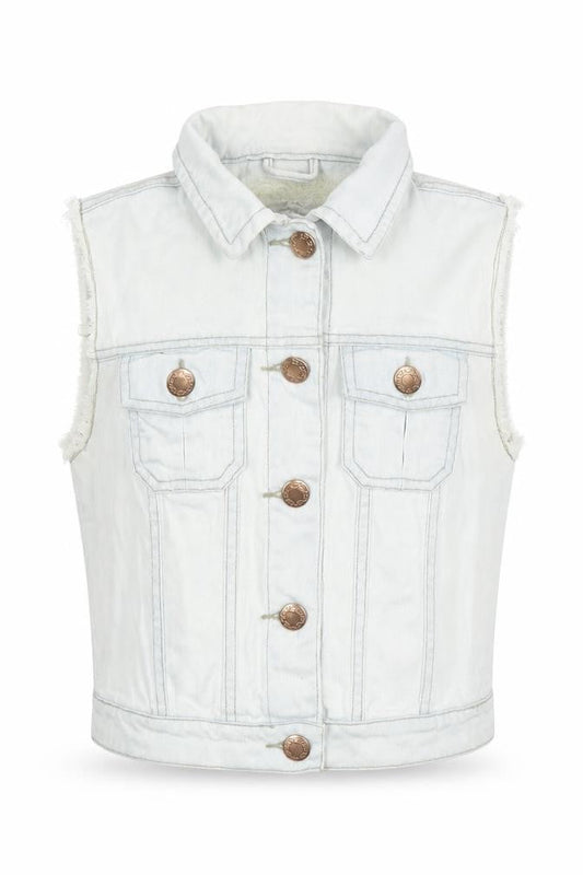 Front view of Denim & Co. women’s blue gilet waistcoat, size UK 6, button
