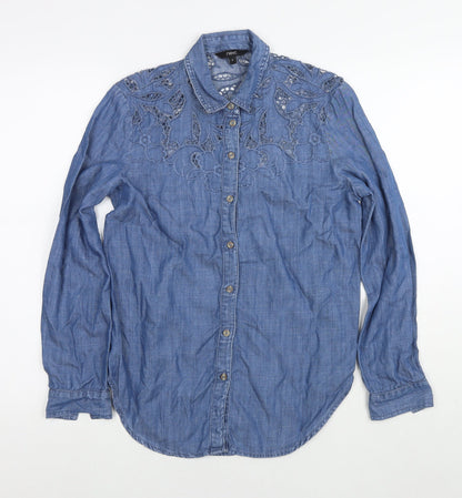 Next Womens Blue Lyocell Basic Button-Up Size 6 Collared