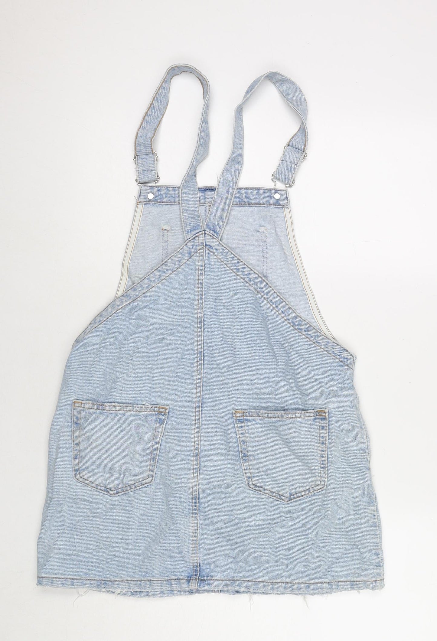 Denim & Co. Womens Blue Cotton Pinafore/Dungaree Dress Size 10 Square Neck Button - Distressed