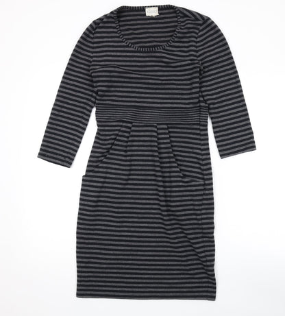 Additional front view of Kaliko women’s grey striped polyester a-line, size UK 8, round neck pullover