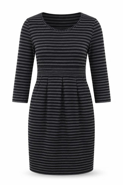 Front view of Kaliko women’s grey striped polyester a-line, size UK 8, round neck pullover