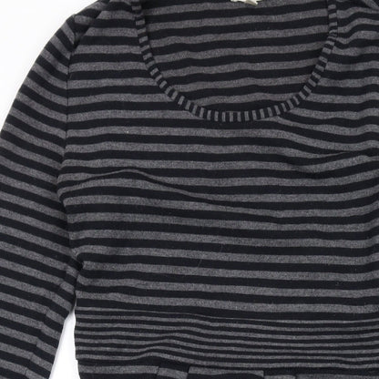 Close-up detail of Kaliko women’s grey striped polyester a-line, size UK 8, round neck pullover