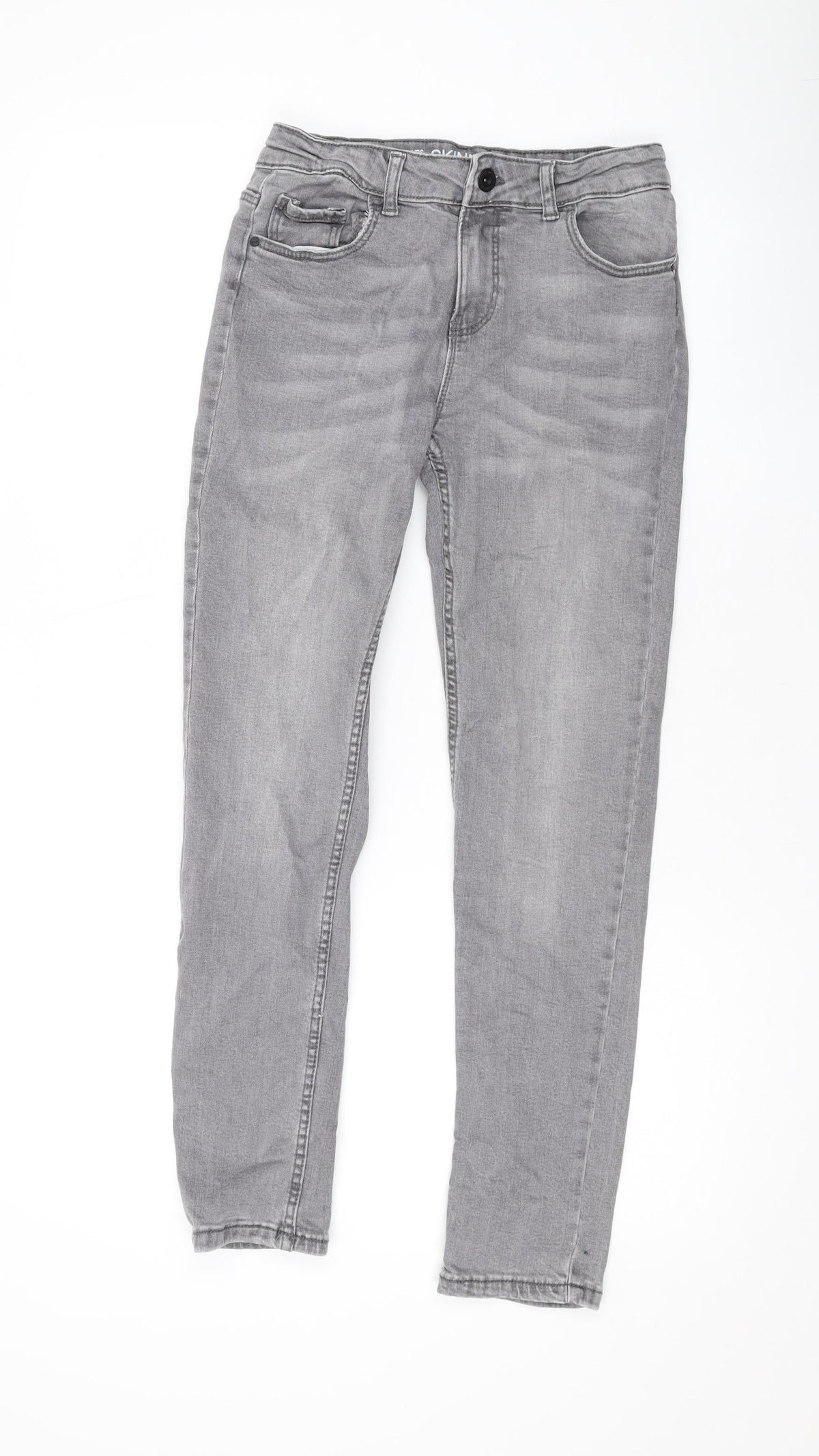 Additional front view of Denim & Co. girls’ grey cotton skinny jeans, size 11-12, years, 26-inch leg regular zip