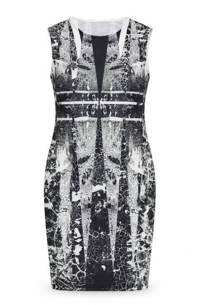 Front view of ASOS women’s grey geometric polyester pencil dress, size UK 12, round neck pullover