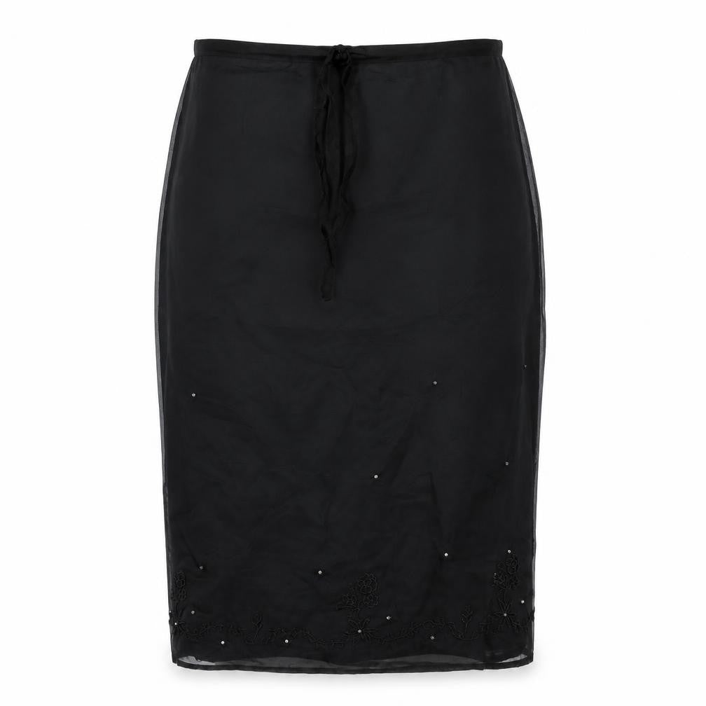 Warehouse Womens Black Silk Straight & Pencil Skirt Size 12 Zip - Embroidered