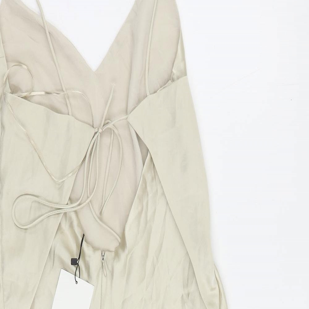 Zara Womens Beige Polyester Slip Dress Size S V-Neck Zip