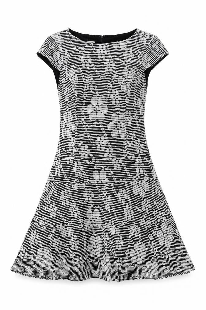 Anne Klein Womens Black Striped Viscose Fit & Flare Size 8 Boat Neck Zip