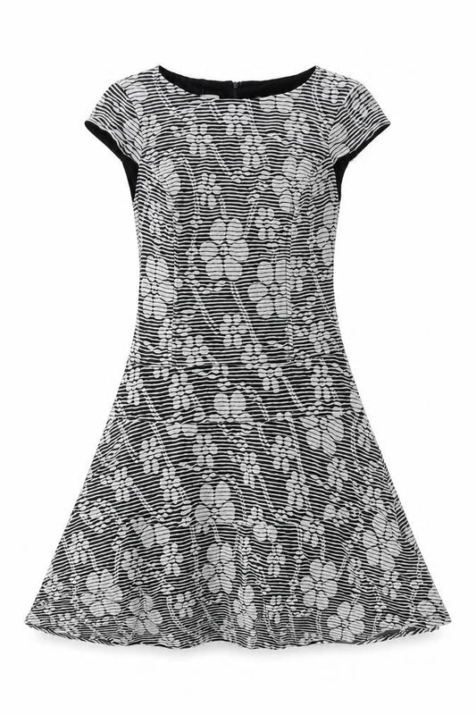Anne Klein Womens Black Striped Viscose Fit & Flare Size 8 Boat Neck Zip