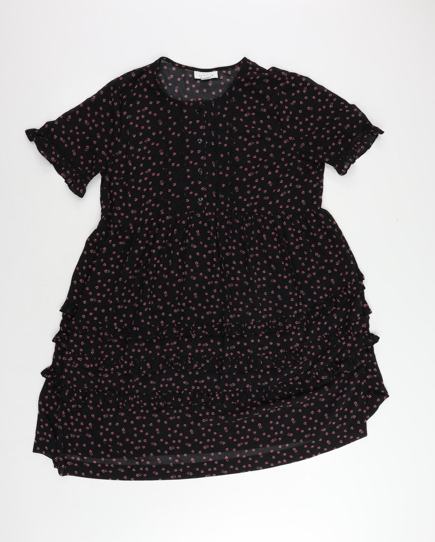 Topshop Womens Black Floral Polyester A-Line Size 10 Round Neck Button - Ruffle