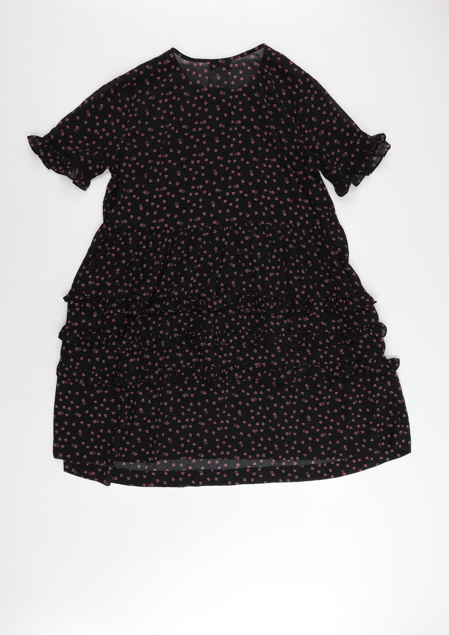 Topshop Womens Black Floral Polyester A-Line Size 10 Round Neck Button - Ruffle