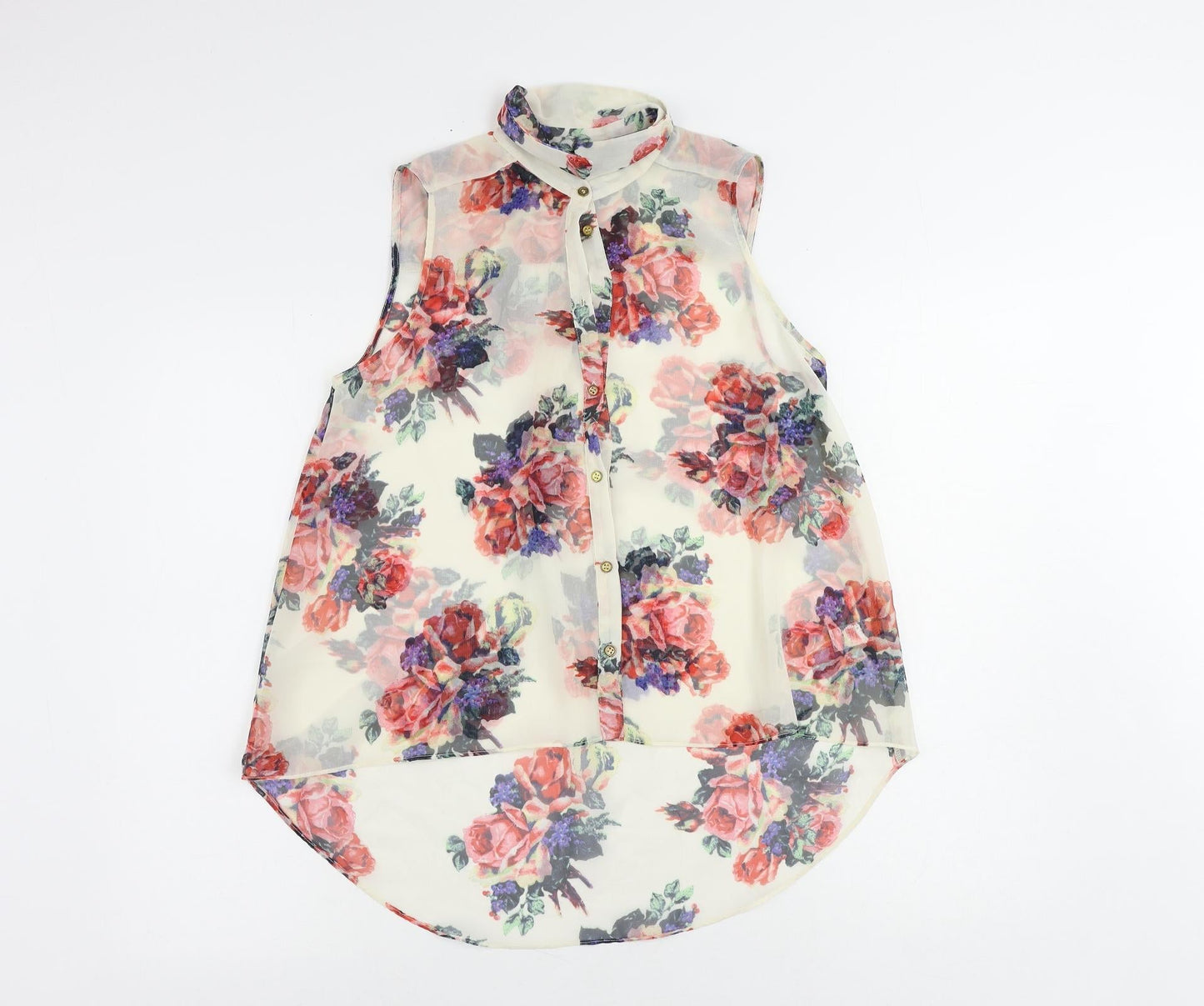 Topshop Womens Ivory Floral Polyester Basic Button-Up Size 10 Collared - Sheer